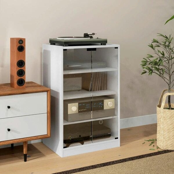 Bobobiy 4-Tier Hi-Fi Stand, Record Player Stand with Adjustable Shelves and Push-to-Open Glass Doors, White Wood-Effect