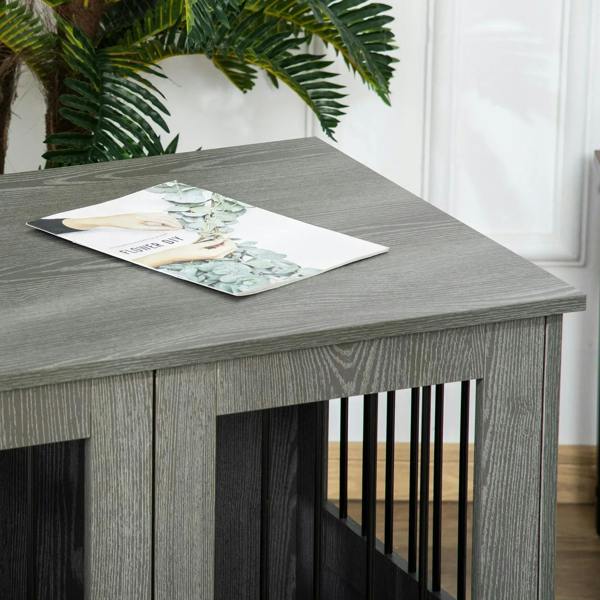 Grey dog crate table with textured top and barred side panel beneath