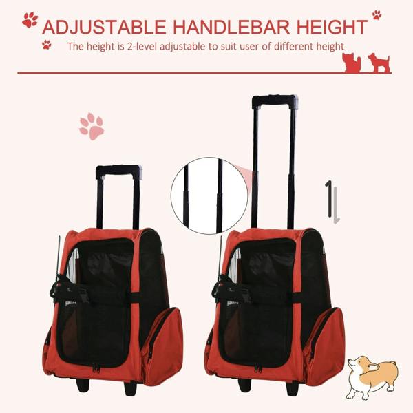 Red pet travel backpack carrier with adjustable height telescopic handle and front mesh door