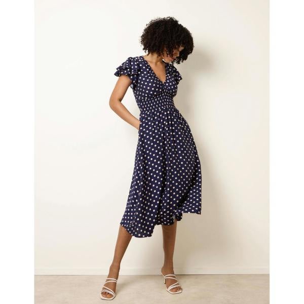 Blue Vanilla Polka Dot Elastic V Neck Midi Dress