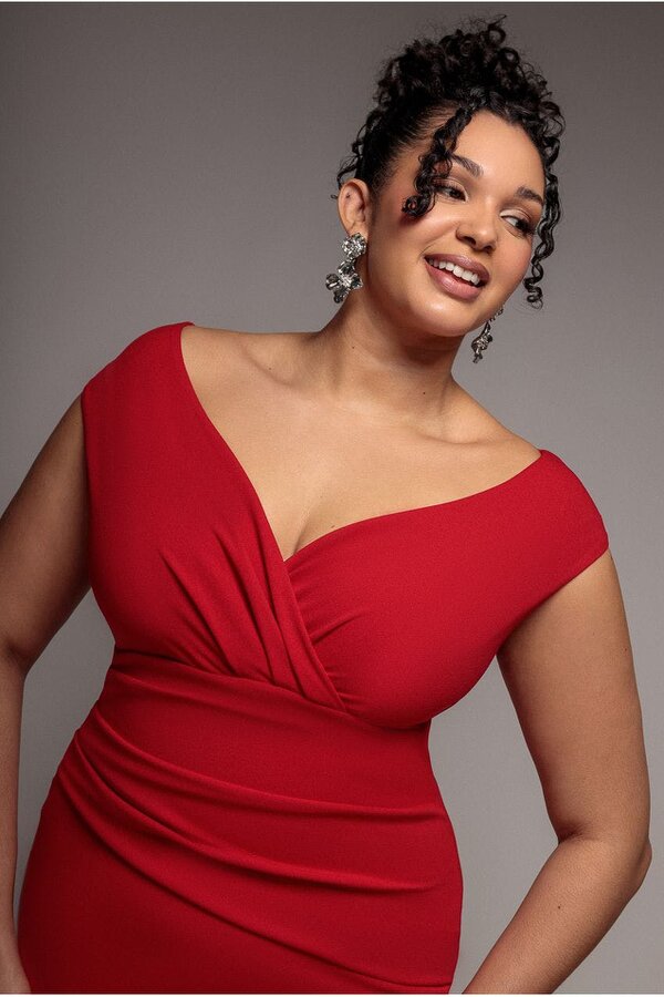 Goddiva Plus Bardot Pleated Midi Dress - Red by Goddiva Plus