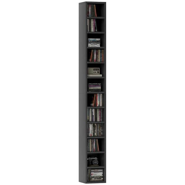 Black tall narrow media storage tower with multiple open shelves for CDs and DVDs