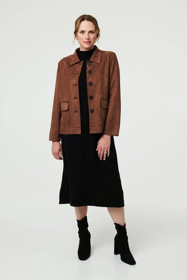 Brown | Faux Suede Button Front Shirt Jacket
