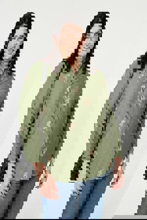 Khaki | Curve Metallic Embroidered Detail Shirt