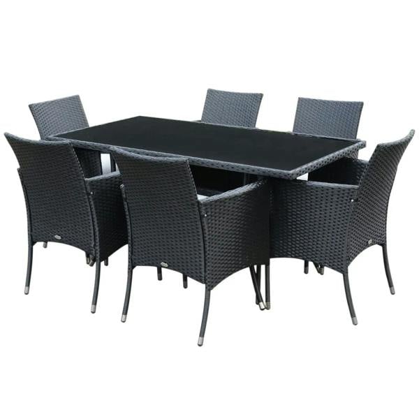 Black rattan dining set with 6 armchairs and rectangular glass-top table