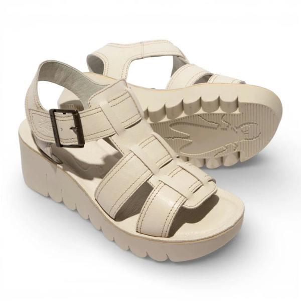 Fly London YUDD236FLY - Women’s Off White Leather Wedge Sandals
