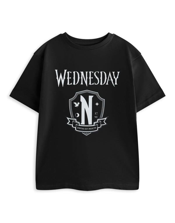 Wednesday Girls Black Unitas Est Invicta Short Sleeved T-Shirt