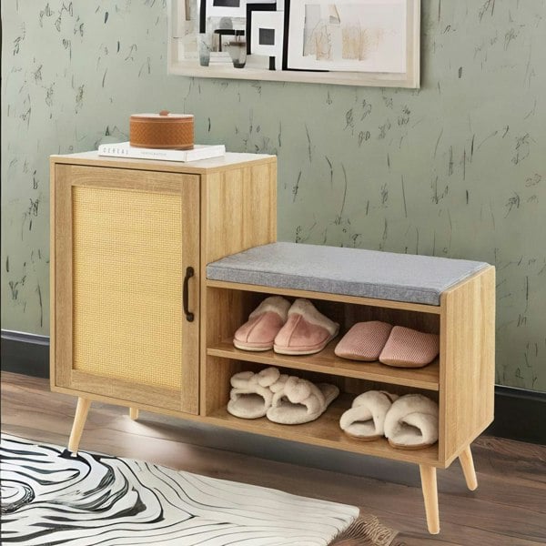Rafaelo Mobilia Wooden Shoe Storage Bench With Cushioned Seat and Cabinet Brown
