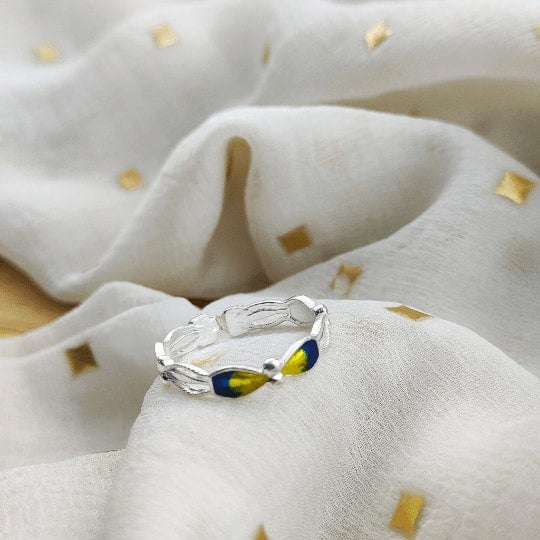 The Colourful Aura 925 Silver Enamel Colourful Floral Band Yellow Blue Slim Ring