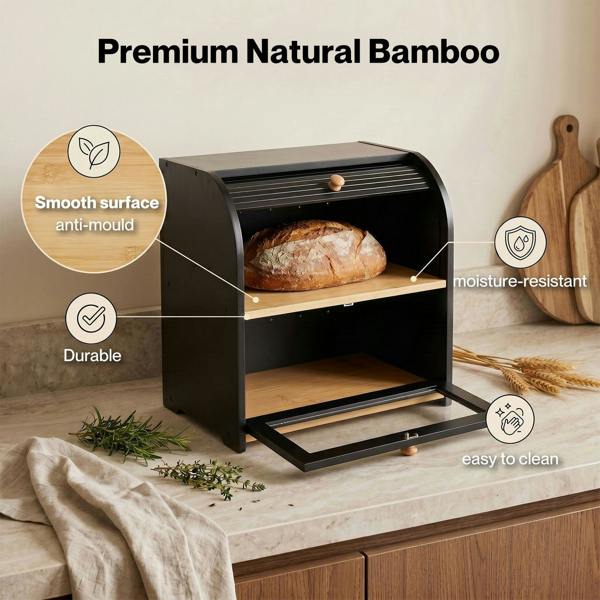 Toque Bread Box  2-Tier Large Capacity Roll Top  Black Bamboo  Acrylic Door