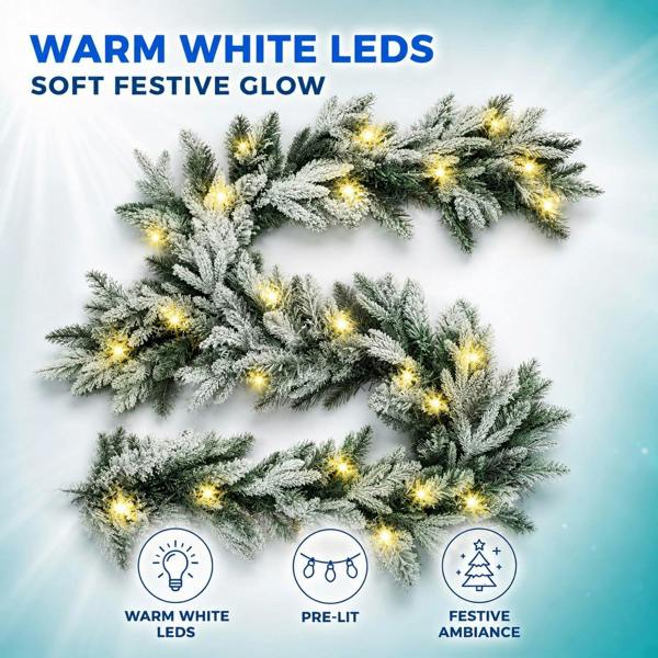 2m Pre-Lit Lapland Fir Christmas Wreath with 30 Warm White LEDs, Snow Flock Finish image 5