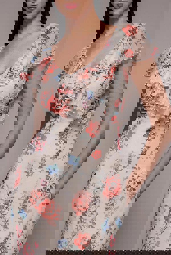 Floral Printed Chiffon Ruffle Maxi - Cream DR3750