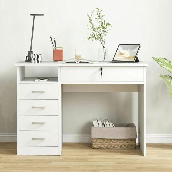White computer desk with drawer stack on left and open storage compartment on right