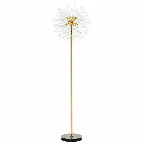 Gold tone dandelion-style crystal floor lamp with slender pole and black round base