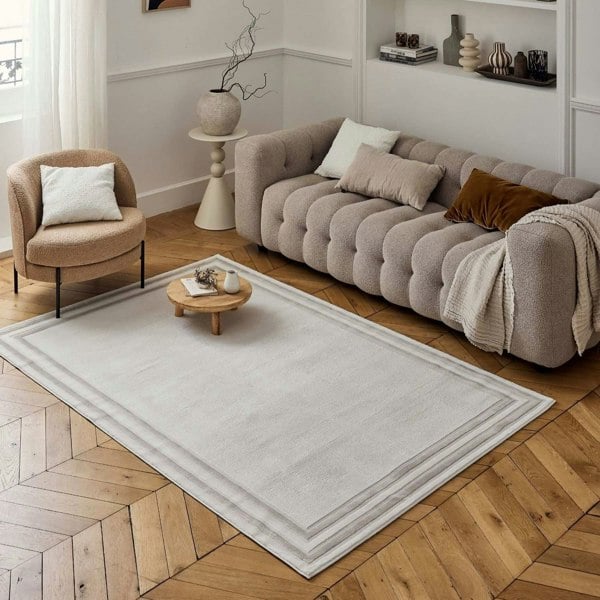 Bordered Living Room rug, beige-cream colours, stain-resistant and non-shedding