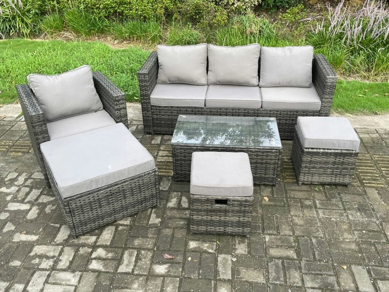 Fimous Rattan Garden Furniture Set with 3 Seater Sofa Coffee Table Armchair 3 Footstools Indoor Outdoor Patio Lounge Sofa Set Dark Grey Mixed