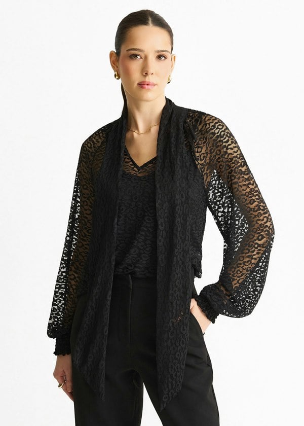 Gini London Black Animal Lace Neck Tie Detail Blouse