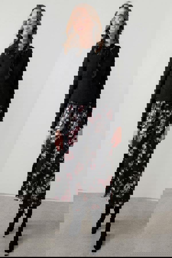 Lily & Me Celia Floral Print Satin Midi Dress Black