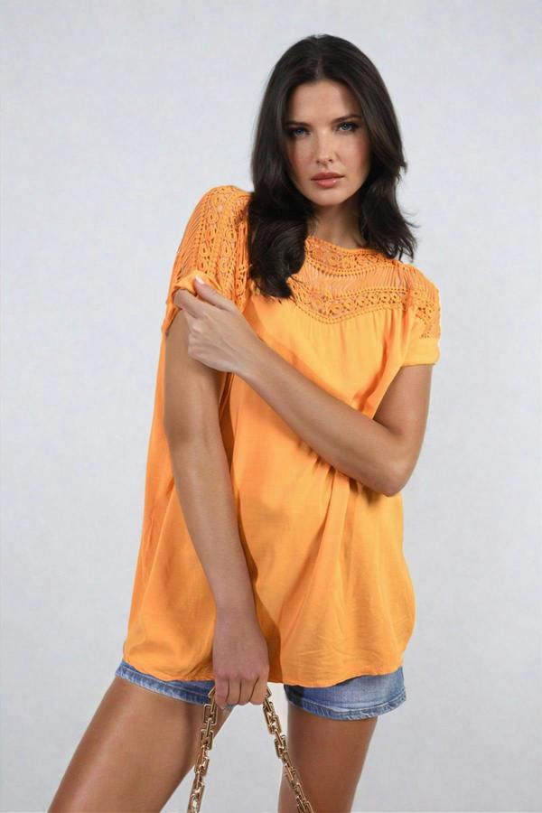 Sylvia Lace Insert Round Neck Hollow Top - Orange