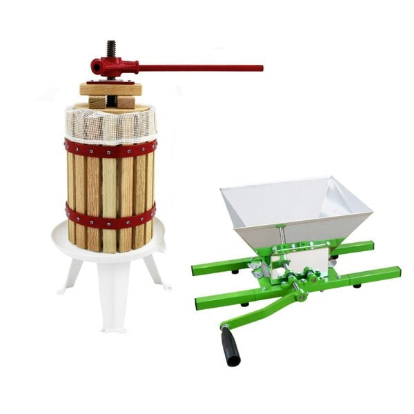 KuKoo fruit crusher and 6-litre fruit press with wooden barrel, red accents, and green metal frame for efficient juice extraction