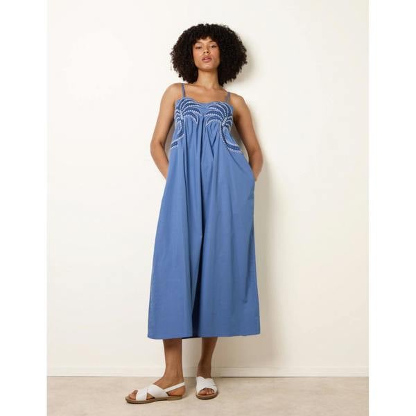 Blue Vanilla Palm Tree Embroidery Smock Dress