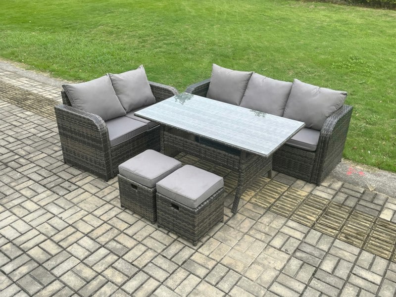 Fimous Outdoor Garden Patio Furniture Wicker Rattan Oblong Rectangular Dining Table and Lounge Sofa set with 2 Small Footstools Dark Grey Mixed