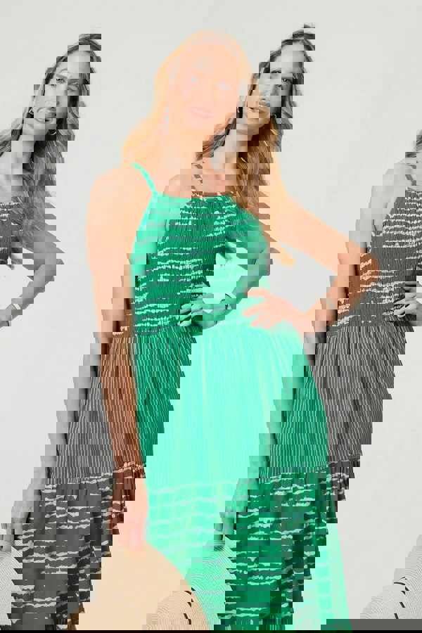 Green | Striped Ruched Texture Tiered Midi Dress
