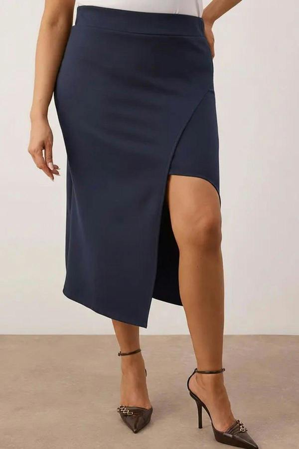 WOVCOR Slit Detail Knitted Stretch Fabric Plus Size Midi Skirt