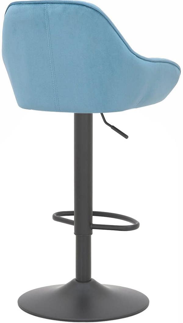 Lamboro Velluto Matt Black Velvet Bar Stool, Padded Seat & Backrest, Matt Black Footrest, Height Adjustable Swivel Gas Lift, Pastel Blue