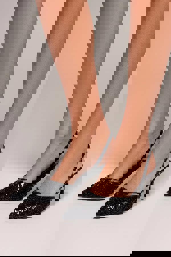 Beaded Sequin Low Heel Slingback Shoes - Black SH15