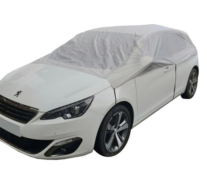 The Nylon Car Top Cover medium by OLPRO on a white Peugeot car on a white background.