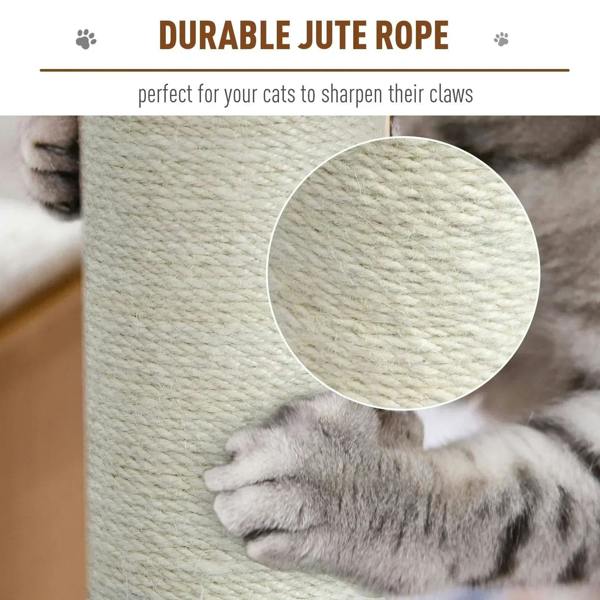 Jute scratching rope texture with a cat paw on a grey fabric platform