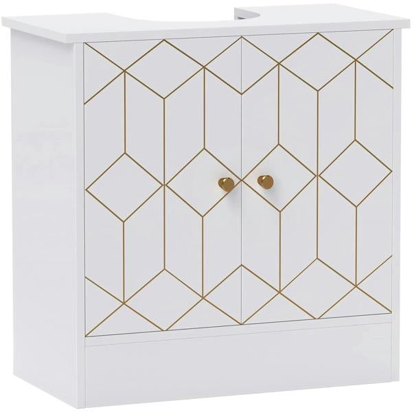 White under-sink bathroom cabinet with gold geometric pattern and two brass knobs