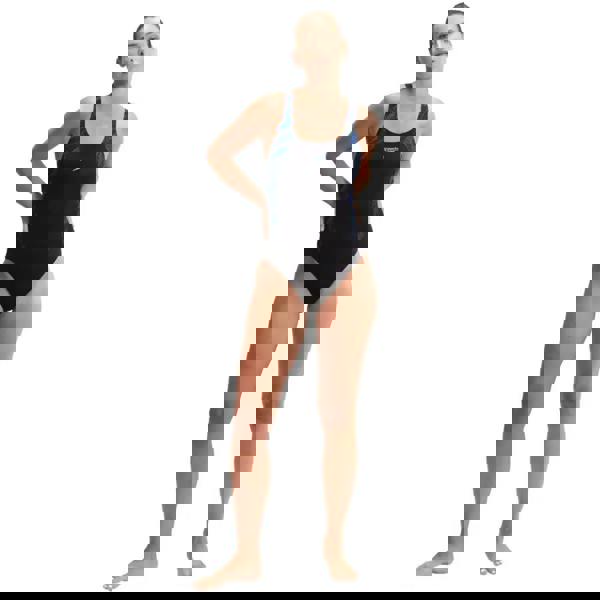 Black Speedo Hyperboom Splice Muscleback Swimsuit with blue straps