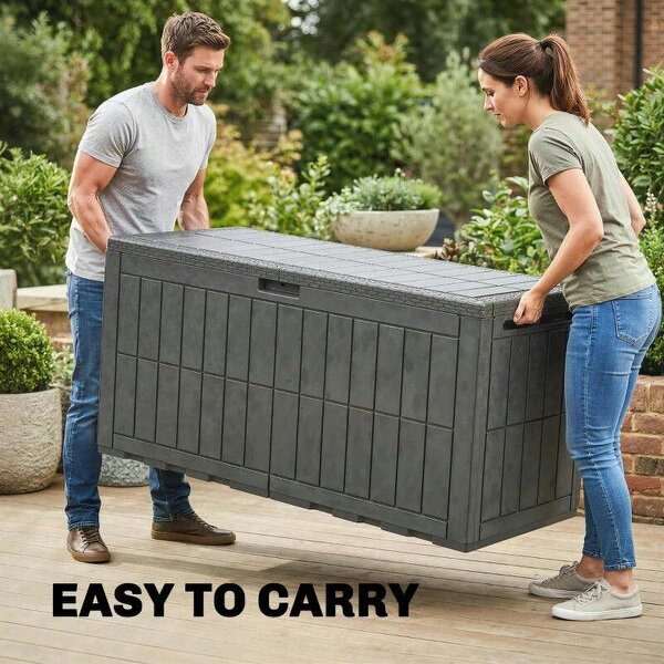 Bobobiy 440L Garden Storage Box, Waterproof & UV Resistant Resin Deck Box with Lockable Lid, Pneumatic Gas Rods, Side Handles