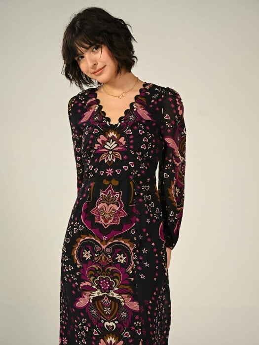 Rose & Nancy Annaline Black Pirnt Midi Dress