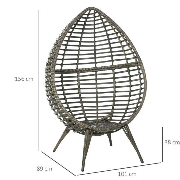 Rattan PE teardrop egg chair with grey cushions and woven frame, four legs