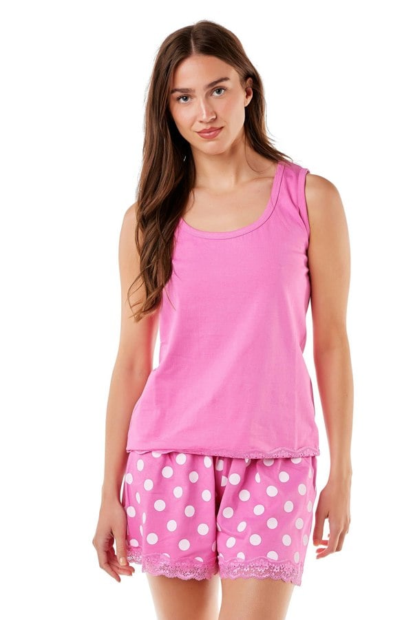 Camille Pink Lightweight 100% Cotton Plain Sleeveless Top Pyjama Set With Lace Detailing
