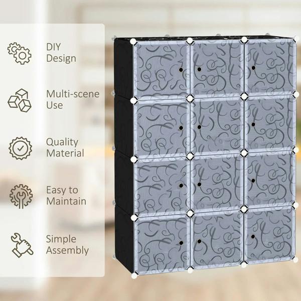 Collapsible cube wardrobe cabinet with blue-gray patterned fabric panels and black frame