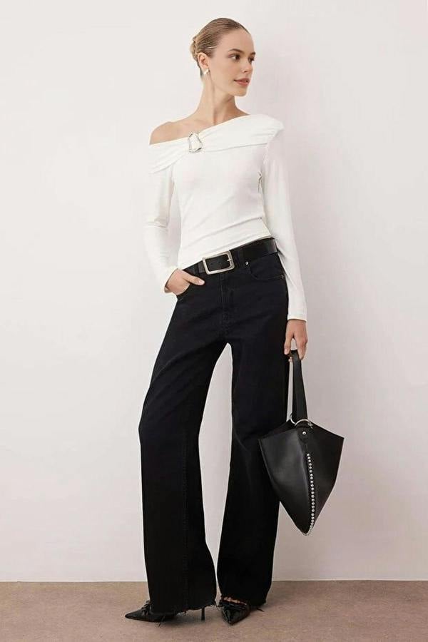 WOVCOR Asymmetrical Neckline Fitted Knitted Blouse with Accessory Details