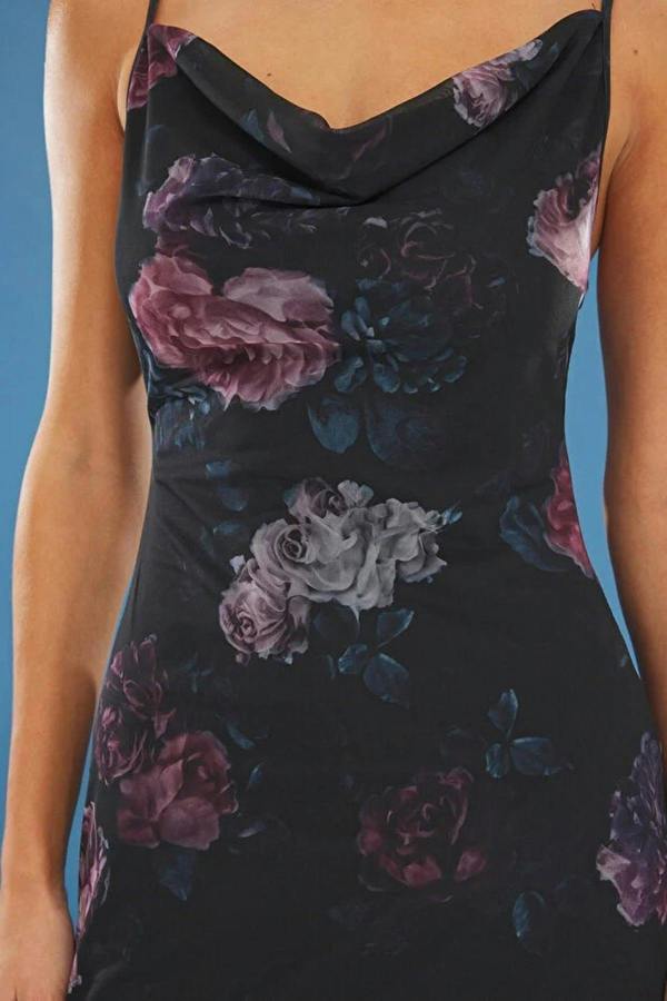 WOVCOR Strappy Floral Print Tulle V-Neck Skater Mini Knitted Dress