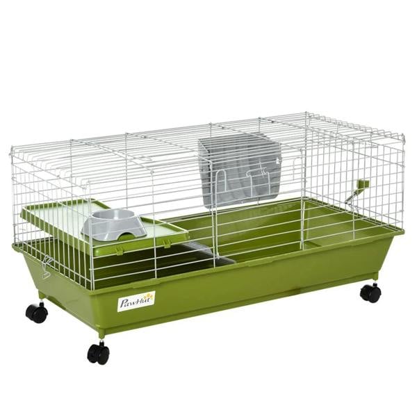 Green wire small animal cage with deep base, ramp, platform, wheels, and water bottle