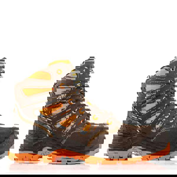 Buckbootz BVIZ2 Mens Lace Up S7S Composite Safety Ankle Boots, safety boots with brown and orange color, waterproof design, reinforced toe, cushioned sole, and rugged outsole for workplace safety.