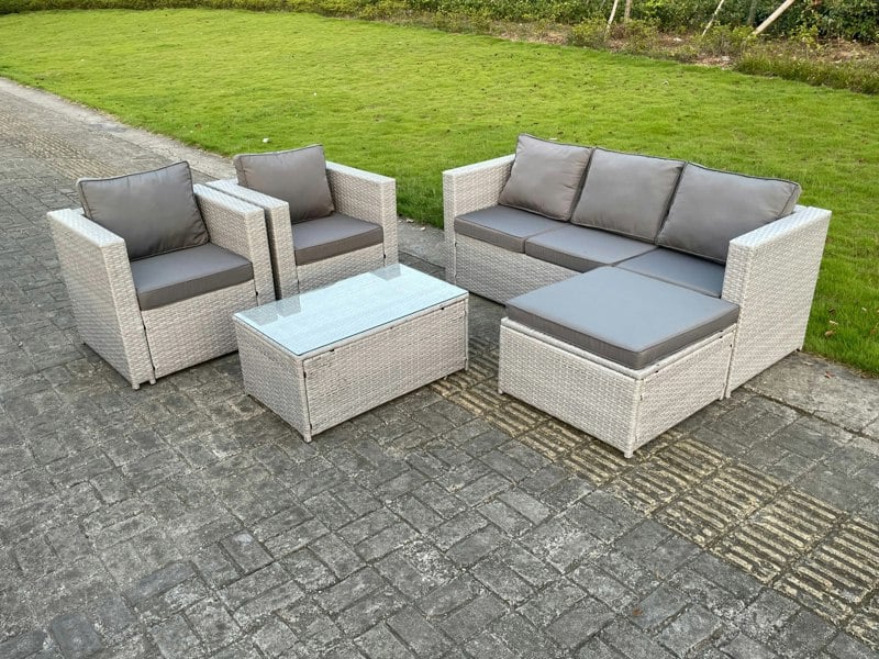 Fimous Light Grey Lounge Outdoor PE Rattan Garden Furniture Set Wicker Sofa Set Oblong Coffee Table With 2 Armchair