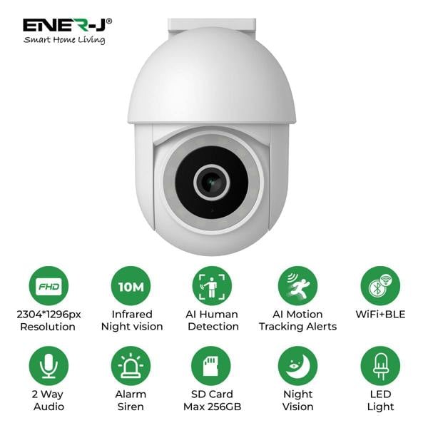 ENER-J Smart WiFi Outdoor Dome IP Camera, 2K 3MP Pan-Tilt, Night Vision, Motion Detection, Two-Way Audio, Alexa & Google Home Compatible