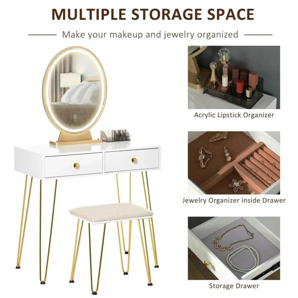 Vanity desk with LED mirror and two drawers, acrylic lipstick holder and storage details