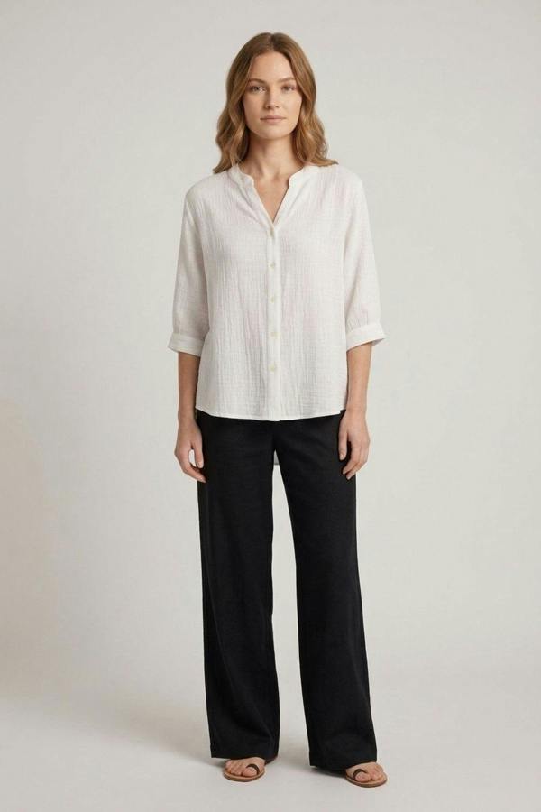 White | Relaxed Collarless 3/4 Sleeve Shirt

