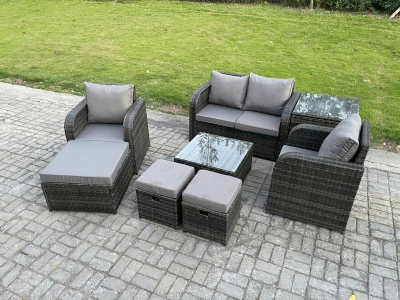 Fimous Rattan Garden Furniture Set Patio Conservatory Indoor Outdoor 8 Piece Set with Love Sofa Square Coffee Table 3 Footstools Side Table