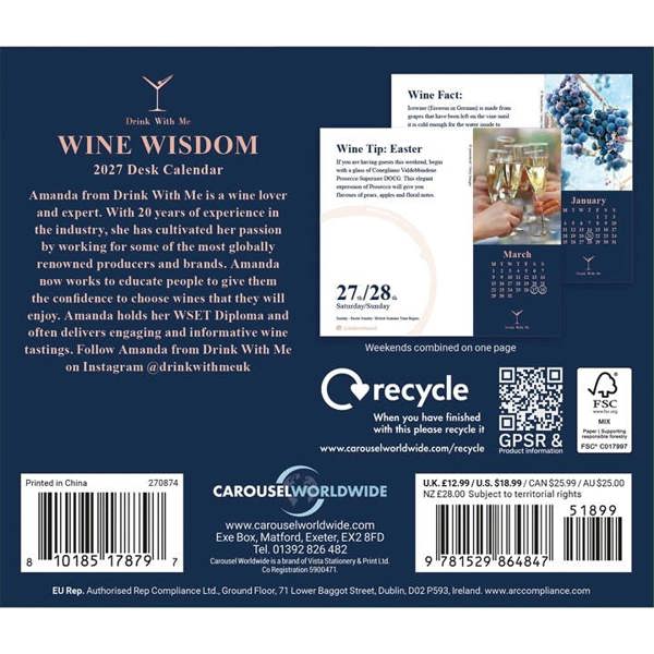 Drink With Me, Wine Wisdom Desk Calendar 2027, Desk Calendars, Day To View, Lifestyle, Gift