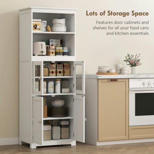 Wyld Haus Doke Wooden White 4 Door Kitchen Cupboard With Glass Panels And Adjustable Shelves